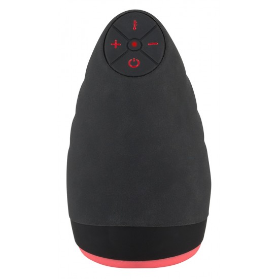 Waterproof masturbator with vibration and a warming function (up to 40° C). 6 modes, 3 intensity levels. With 4 buttons (On/Off, temperature, plus and minus). Rechargeable with the included USB cable. Black/pink. Complet