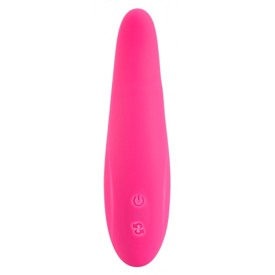 A pink lay-on vibrator in a tongue design. The tongue rotates and shakes. Waterproof. With 8 modes and 2 buttons (On/Off, rotation). Rechargeable with the included USB cable.Complete length 17 cm, Ø 2-3 cm. Material: sil