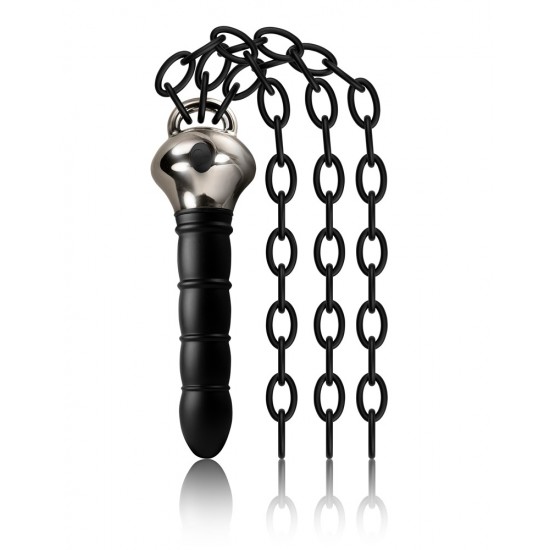 Vibrator and flogger in one!Silicone chains on a vibrating handle. The handle has a round tip and 4 stimulating ring-shaped grooves around it. With 3 vibration modes and 7 pulsations. Waterproof. Black/silver-coloured. L