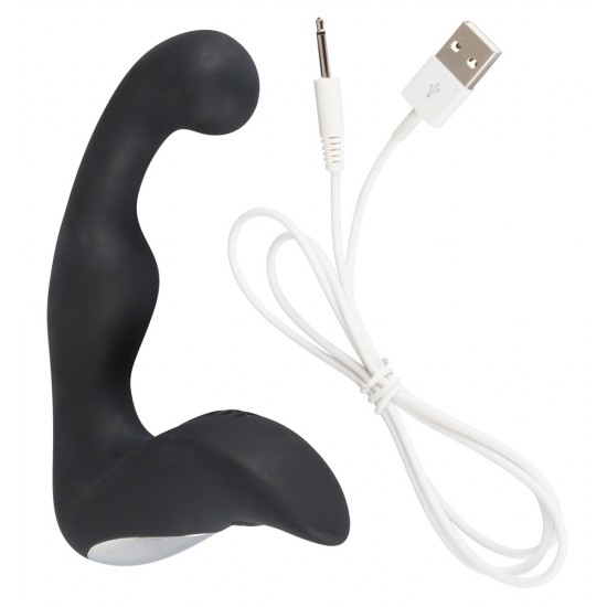 Flexible prostate vibrator with a curved tip, wavy shaft and a grooved perineum stimulator. 9 vibration modes. It can be recharged with the included USB cable. Black. Complete length 14.6 cm, insertion depth 10.5 cm, Ø 2