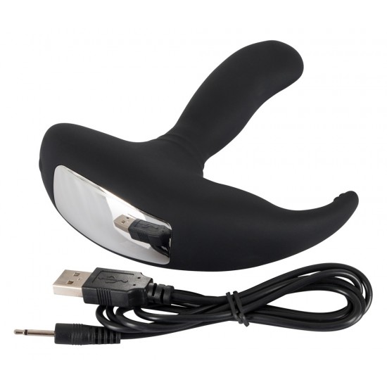 P-spot vibrator with a ´knocking´ ball in the tip and a perineum stimulation arm with 6 small dots on it. 8 vibration modes. It can be recharged with the included USB cable. Black. Complete length 13.9 cm, insertion dept