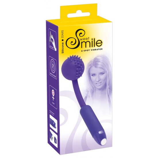 A purple vibrator with a ball-shaped head and stimulating dots. It can reach the G-spot really easily, thanks to its curved neck, so that it can stimulate this area. With 7 vibration modes.Complete length 16.7 cm, insert