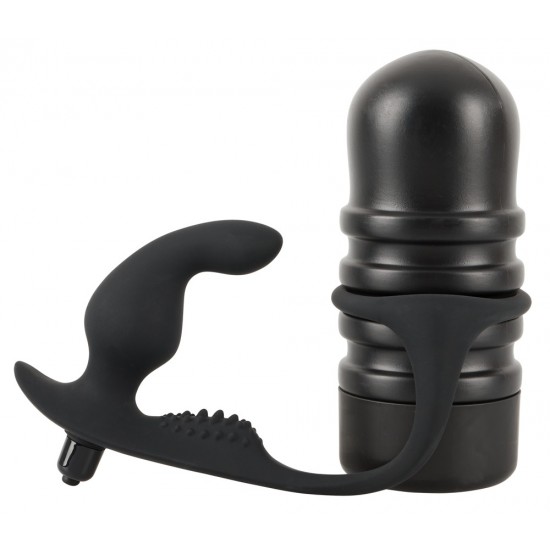 2-in-1: masturbator with a removable anal vibrator. The masturbator has a dotted and grooved pleasure tunnel and can also be removed from the case. The masturbator is open at the end. The anal vibrator has a velvety soft