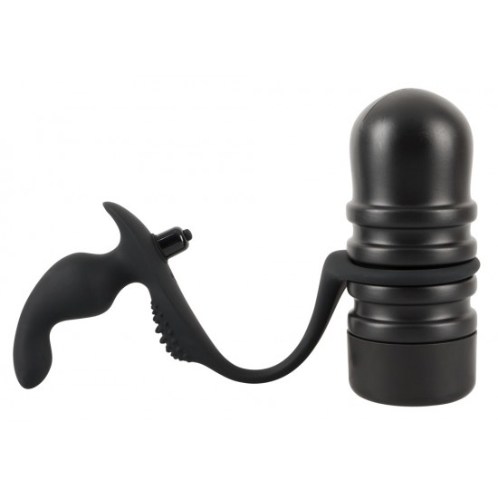 2-in-1: masturbator with a removable anal vibrator. The masturbator has a dotted and grooved pleasure tunnel and can also be removed from the case. The masturbator is open at the end. The anal vibrator has a velvety soft
