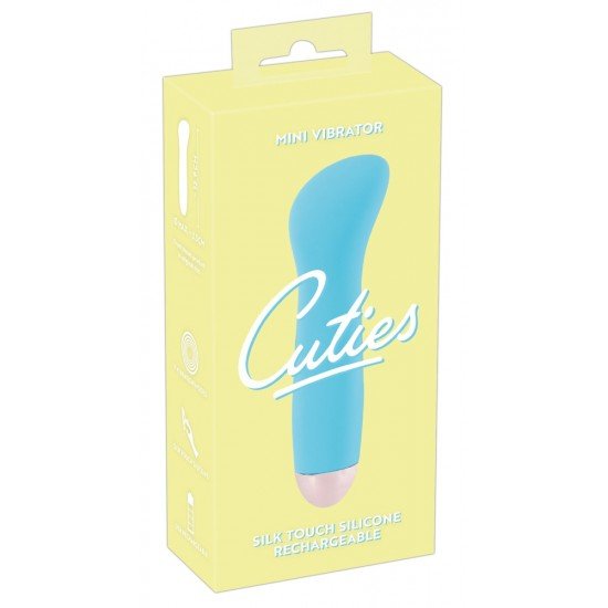Cuties Mini Vibrador blue Mini vibrador azul com reentrância côncava na haste. Tem 7 modos de vibração diferentes e pode ser recarregado com o cabo USB incluído. Fácil de usar e com um design elegante. À prova dágua. Comprimento total 12,9 cm,