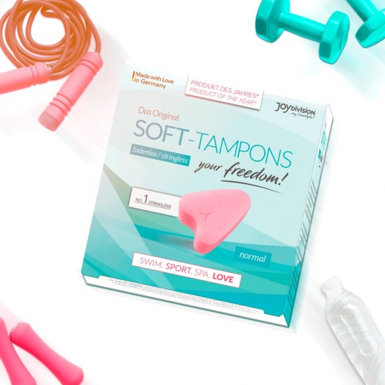 Dry threadless soft tampons for optimal security on critical days. For sauna, sport, swimming, and hygienic intercourse. 3 piece.