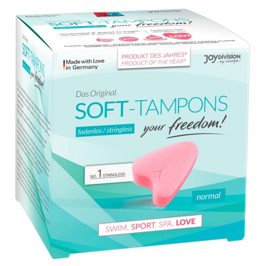 Dry threadless soft tampons for optimal security on critical days. For sauna, sport, swimming, and hygienic intercourse. 3 piece.