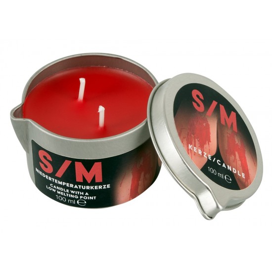 S/M candle! Red candle in a tin (Ø 5 cm) with a low melting point. 100 g.Important: the wax can be washed out of clothing or bedding with normal detergent in the washing machine on the normal cycle.