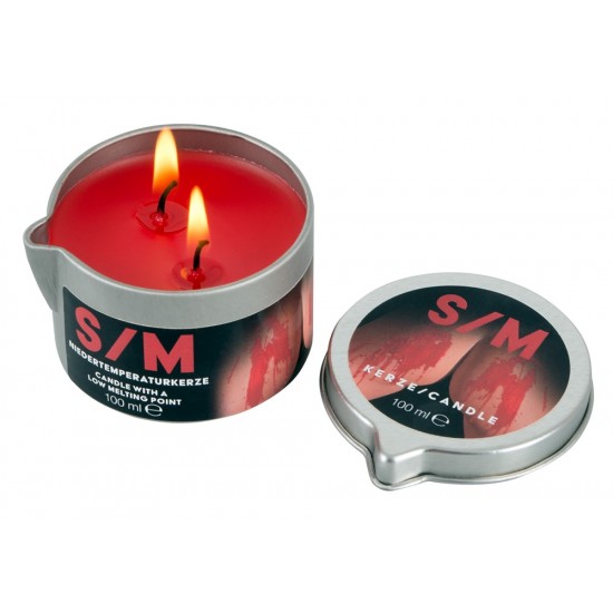 S/M candle! Red candle in a tin (Ø 5 cm) with a low melting point. 100 g.Important: the wax can be washed out of clothing or bedding with normal detergent in the washing machine on the normal cycle.