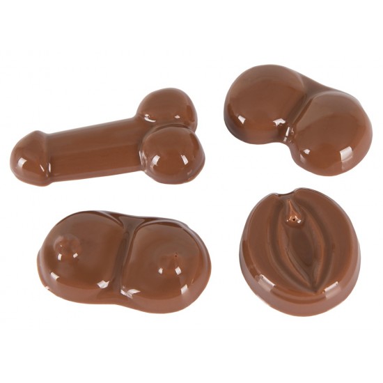 Advent calendar with a picture of a sexy woman on the front and 24 doors. The calendar is filled with pieces of milk chocolate (min. 41% cocoa) in the shape of vaginas, penises, breasts and bums. May contain traces of nu
