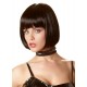 Chin-length straight bob wig with fringe, made of synthetic hair. Black. Material: 60% PVC, 40% modacrylic fibre . Easy to clean with water and shampoo.