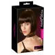 Chin-length straight bob wig with fringe, made of synthetic hair. Black. Material: 60% PVC, 40% modacrylic fibre . Easy to clean with water and shampoo.