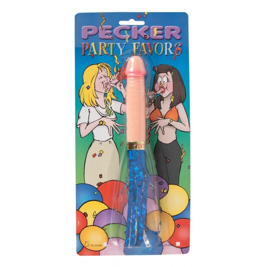 Penis-shaped party horn with streamers (different colours) that move when the horn is blown into. Complete length 24 cm. Ø 2.5 cm. Material: PS, phthalate-free according to EU Regulation REACH. Unsorted - colour of strea