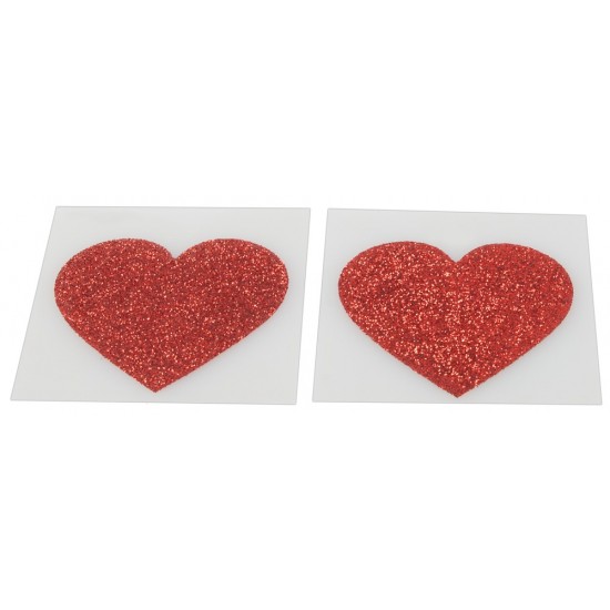 Glitter nipple stickers to add a professional look to private performances. Sparkling red heart-shaped nipple stickers. Size: 5.9 x 5.9 cm. Material: 80% paper, 15% PET, 5% glue. 1 pair.