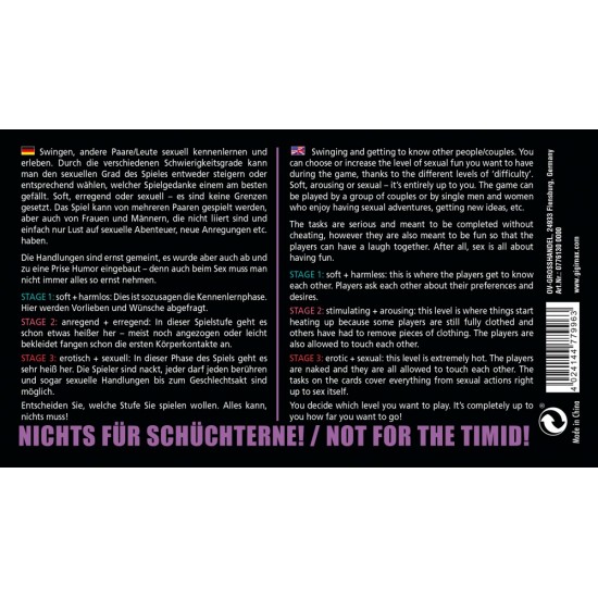 Card game with intimate questions as well as erotic and sexual tasks.3 levels and 70 cards per level. There is a task for a man and a woman on each card. Suitable for people who are 18+. For a minimum of 4 players.