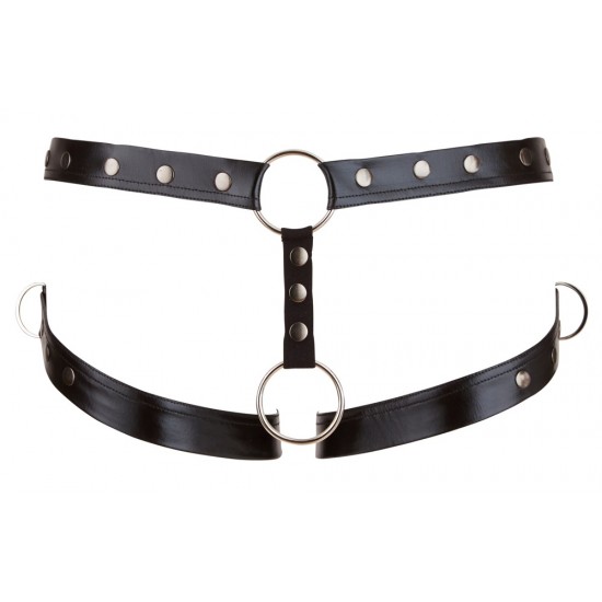 Belt that goes around the waist. It has stretchy thigh straps that are made out of black wetlook. With D-shaped rings at the sides and a cock ring that is attached to the belt by an adjustable strap with press studs. Bla