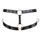 Belt that goes around the waist. It has stretchy thigh straps that are made out of black wetlook. With D-shaped rings at the sides and a cock ring that is attached to the belt by an adjustable strap with press studs. Bla