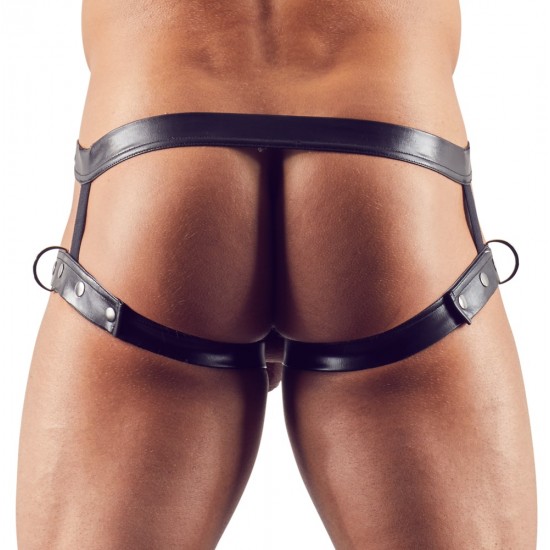 Belt that goes around the waist. It has stretchy thigh straps that are made out of black wetlook. With D-shaped rings at the sides and a cock ring that is attached to the belt by an adjustable strap with press studs. Bla
