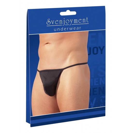 Small, stretchy, black string made of slightly shiny material. 80% polyamide, 20% elastane.