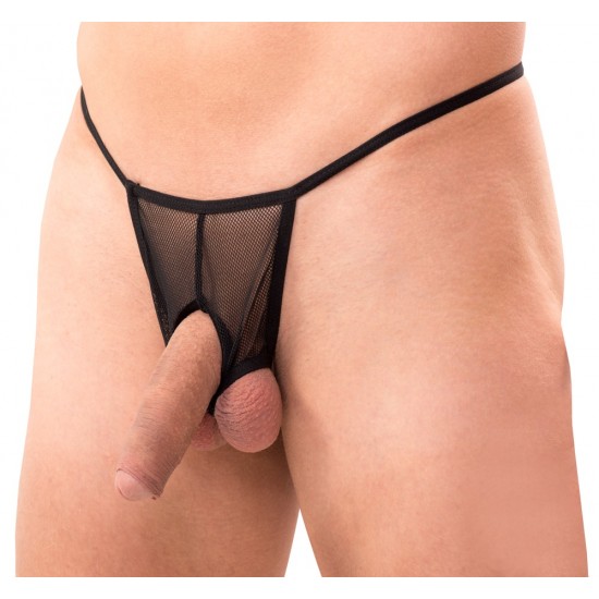 Black string made from fishnet with 3 holes for the penis and testicles. With stitched elastic bands. 100% polyester.