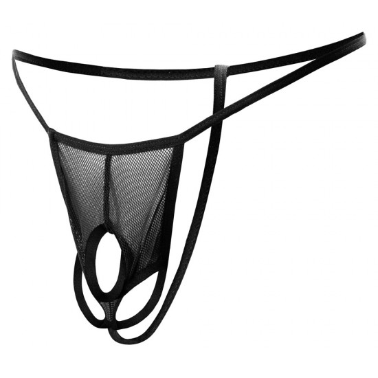 Black string made from fishnet with 3 holes for the penis and testicles. With stitched elastic bands. 100% polyester.