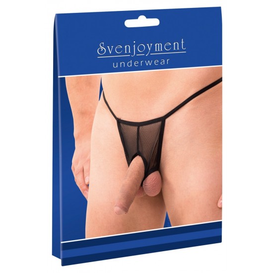 Black string made from fishnet with 3 holes for the penis and testicles. With stitched elastic bands. 100% polyester.