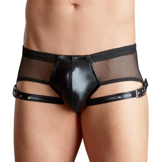 Men´s black pants with an integrated swell function in the pouch. In a distinctive net/wetlook design with thin straps around the thighs. The straps have buckle fasteners on them. The pants are open at the back. With an