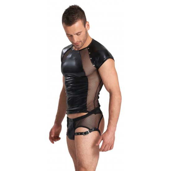 Men´s black pants with an integrated swell function in the pouch. In a distinctive net/wetlook design with thin straps around the thighs. The straps have buckle fasteners on them. The pants are open at the back. With an