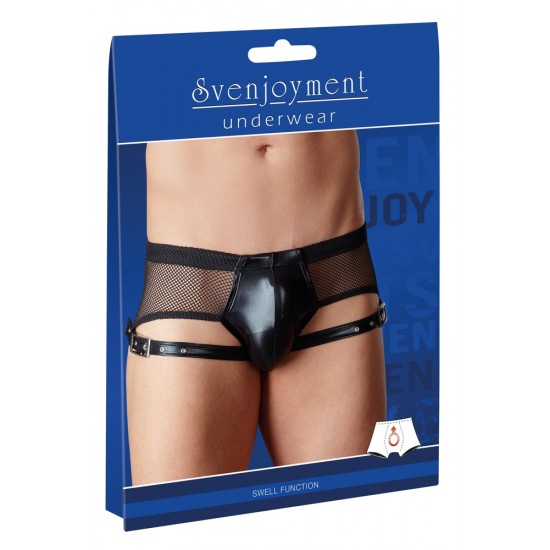 Men´s black pants with an integrated swell function in the pouch. In a distinctive net/wetlook design with thin straps around the thighs. The straps have buckle fasteners on them. The pants are open at the back. With an