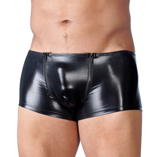 Very shiny pants with a fancy bum shaping seam. A synthetic zip at each side of the pouch. Black. 92% polyester, 8% elastane.