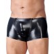 Very shiny pants with a fancy bum shaping seam. A synthetic zip at each side of the pouch. Black. 92% polyester, 8% elastane.
