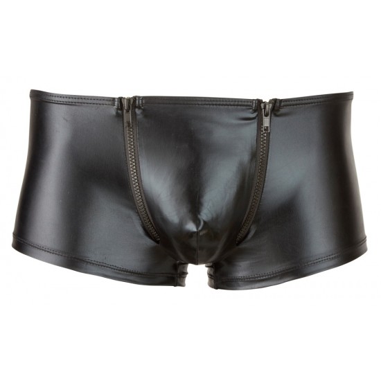Very shiny pants with a fancy bum shaping seam. A synthetic zip at each side of the pouch. Black. 92% polyester, 8% elastane.