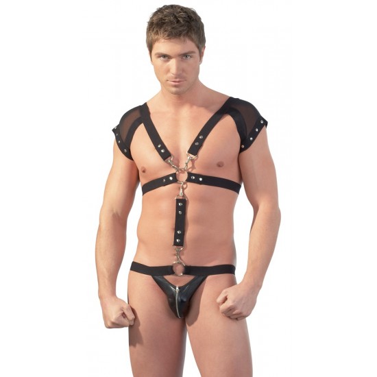 Black men´s body with a chest harness that is made up of soft fabric-covered elastic straps, wide transparent net epaulettes and hems of the sleeves that are decorated with studs. The straps have adjustable and removable