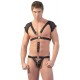 Black men´s body with a chest harness that is made up of soft fabric-covered elastic straps, wide transparent net epaulettes and hems of the sleeves that are decorated with studs. The straps have adjustable and removable