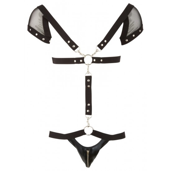 Black men´s body with a chest harness that is made up of soft fabric-covered elastic straps, wide transparent net epaulettes and hems of the sleeves that are decorated with studs. The straps have adjustable and removable
