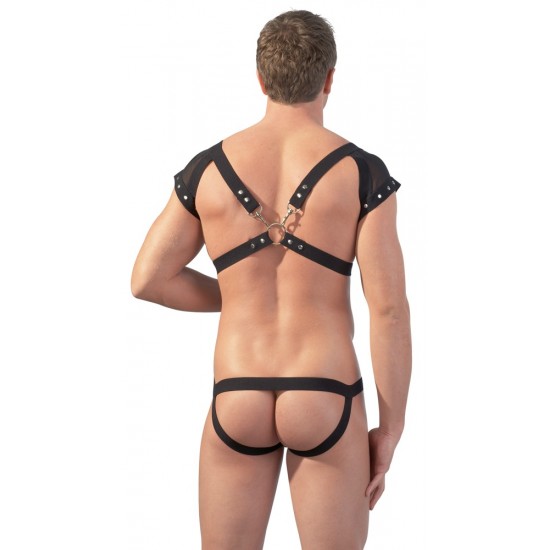 Black men´s body with a chest harness that is made up of soft fabric-covered elastic straps, wide transparent net epaulettes and hems of the sleeves that are decorated with studs. The straps have adjustable and removable
