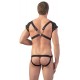 Black men´s body with a chest harness that is made up of soft fabric-covered elastic straps, wide transparent net epaulettes and hems of the sleeves that are decorated with studs. The straps have adjustable and removable