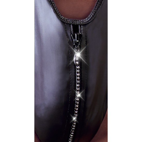 Um corpo de lutador com um olhar de neoprene com um fecho de correr de cristal brilhante na frente. Um olhar preto e fosco. 60% de poliuretano, 36% de poliéster, 4% de elastano.