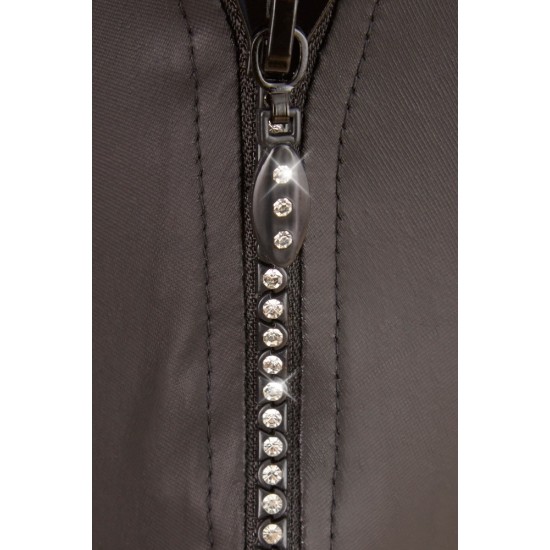 Um corpo de lutador com um olhar de neoprene com um fecho de correr de cristal brilhante na frente. Um olhar preto e fosco. 60% de poliuretano, 36% de poliéster, 4% de elastano.