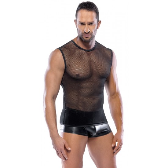 Stretchy black shirt made out of coarse net. Sleeveless. The shirt has seams. 100% polyamide.