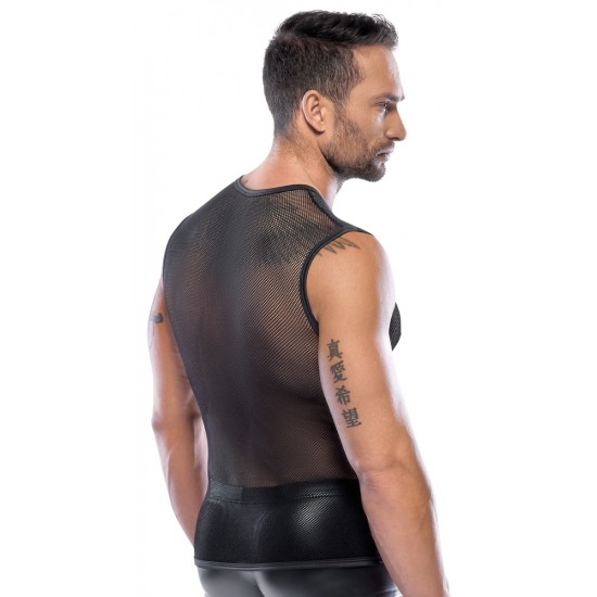 Stretchy black shirt made out of coarse net. Sleeveless. The shirt has seams. 100% polyamide.