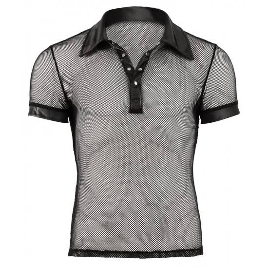 Polo shirt made out of a seductive material mix (net and wetlook) in black. With press studs that stop at the chest. 100% polyester.
