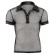 Polo shirt made out of a seductive material mix (net and wetlook) in black. With press studs that stop at the chest. 100% polyester.