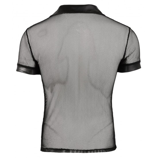 Polo shirt made out of a seductive material mix (net and wetlook) in black. With press studs that stop at the chest. 100% polyester.