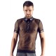 Polo shirt made out of a seductive material mix (net and wetlook) in black. With press studs that stop at the chest. 100% polyester.