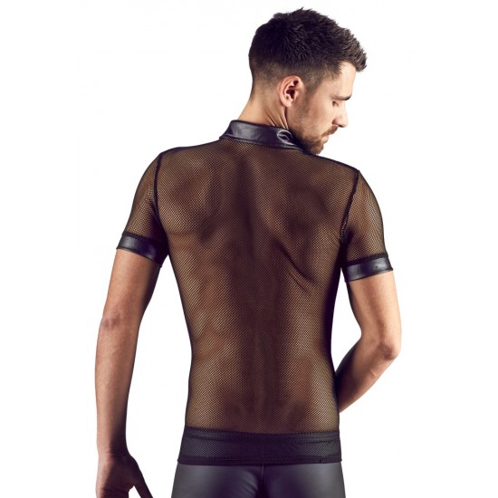 Polo shirt made out of a seductive material mix (net and wetlook) in black. With press studs that stop at the chest. 100% polyester.