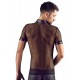Polo shirt made out of a seductive material mix (net and wetlook) in black. With press studs that stop at the chest. 100% polyester.