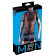 Polo shirt made out of a seductive material mix (net and wetlook) in black. With press studs that stop at the chest. 100% polyester.