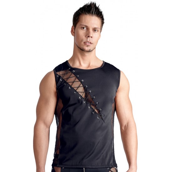 Black shirt made out of a combination of fishnet, lacing and D-shaped rings. Opaque at the back. 80% polyamide, 20% elastane.