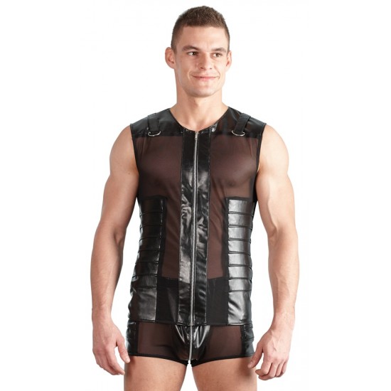 Black imitation leather shirt with powernet inserts and full-length padded zip. There are stitched tucks on the powernet inserts at the front. Powernet at the back. There are straps over the shoulders with D-shaped rings